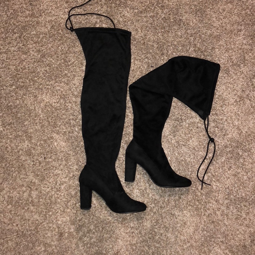 thigh high black suede boots, size 8